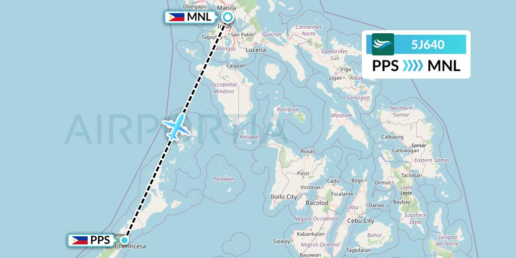 5J640 CEBU Pacific Air Flight Map: Puerto Princesa City to Manila