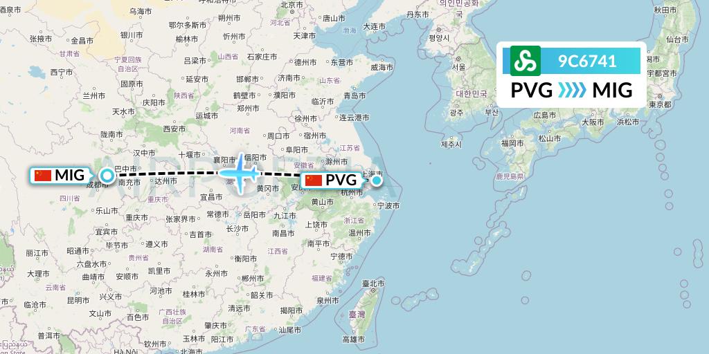 9C6741 Spring Airlines Flight Map: Shanghai to Mianyang