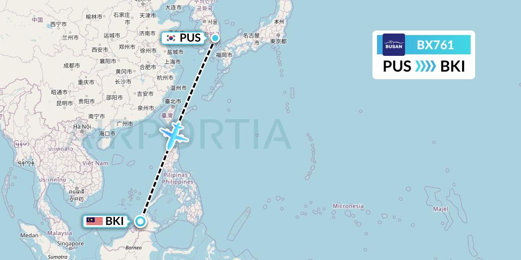 BX761 Air Busan Flight Map: Busan to Kota Kinabalu