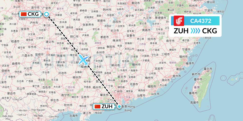CA4372 Air China Flight Map: Zhuhai to Chongqing
