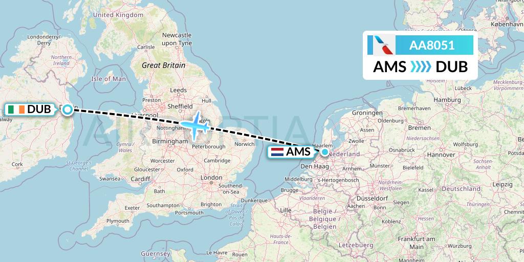 AA8051 American Airlines Flight Map: Amsterdam to Dublin