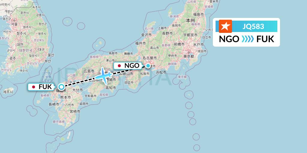 JQ583 Jetstar Airways Flight Map: Nagoya to Fukuoka