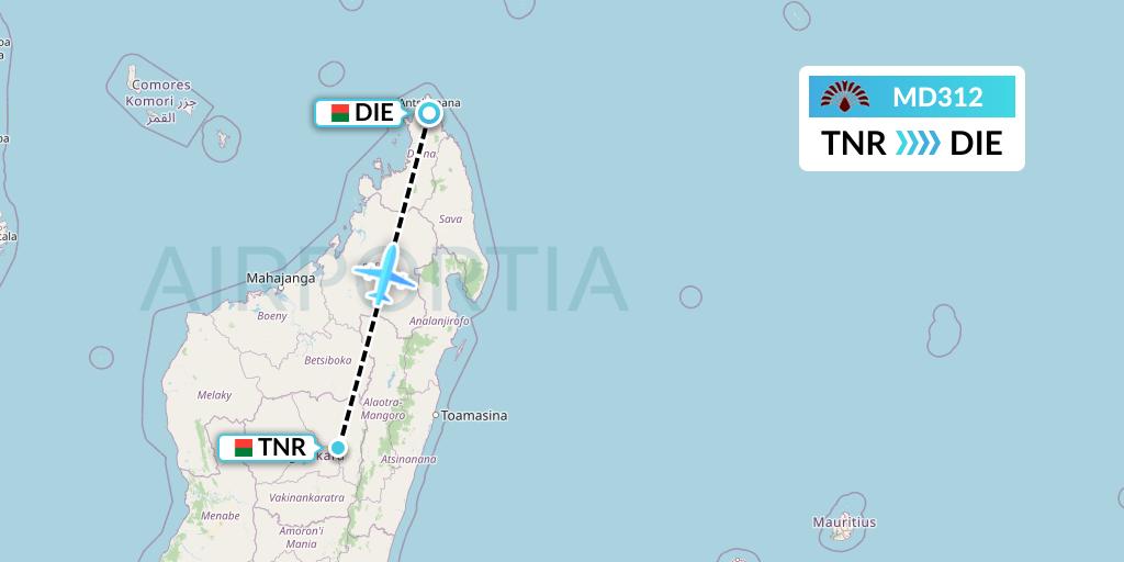 MD312 Air Madagascar Flight Map: Antananarivo to Madagascar