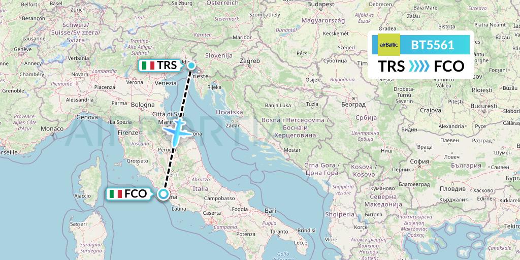 BT5561 Air Baltic Flight Map: Trieste to Rome
