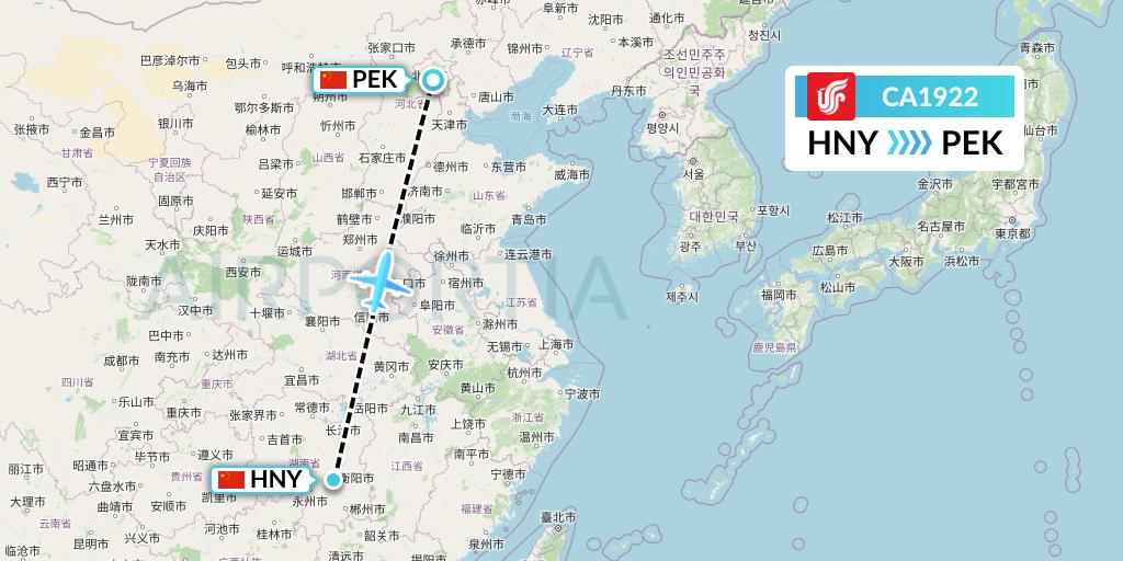 CA1922 Air China Flight Map: Hengyang to Beijing