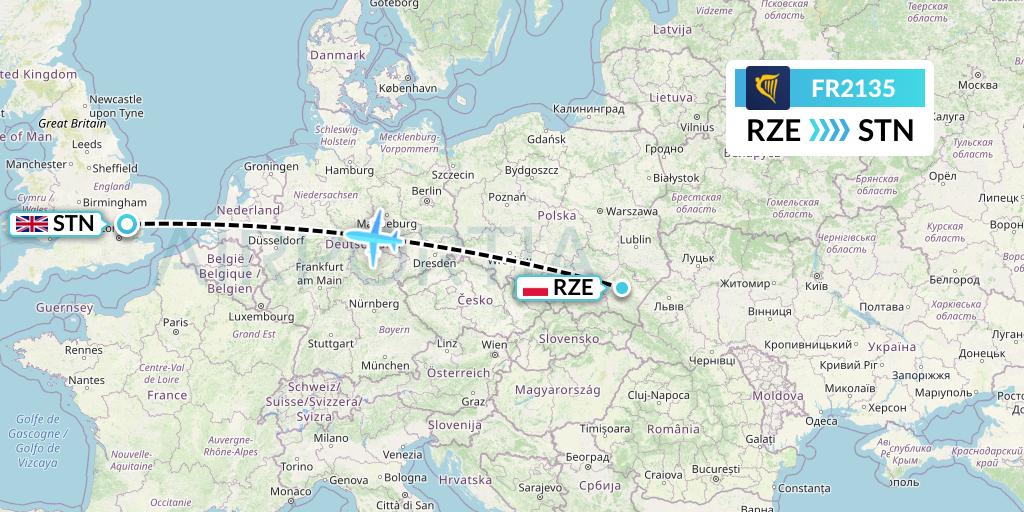 FR2135 Ryanair Flight Map: Rzeszow to London