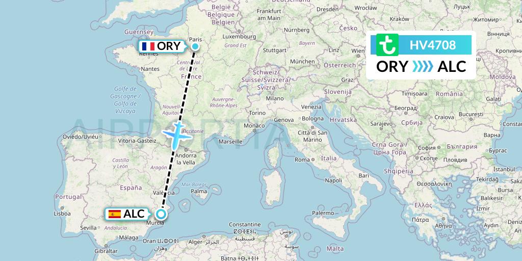 HV4708 Transavia Flight Map: Paris to Alicante