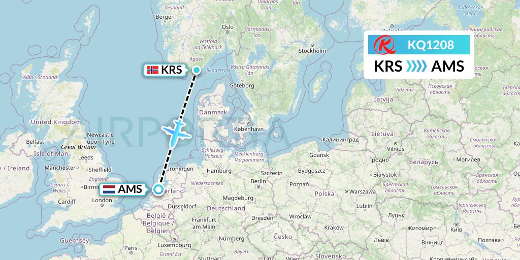 KQ1208 Kenya Airways Flight Map: Kristiansand to Amsterdam