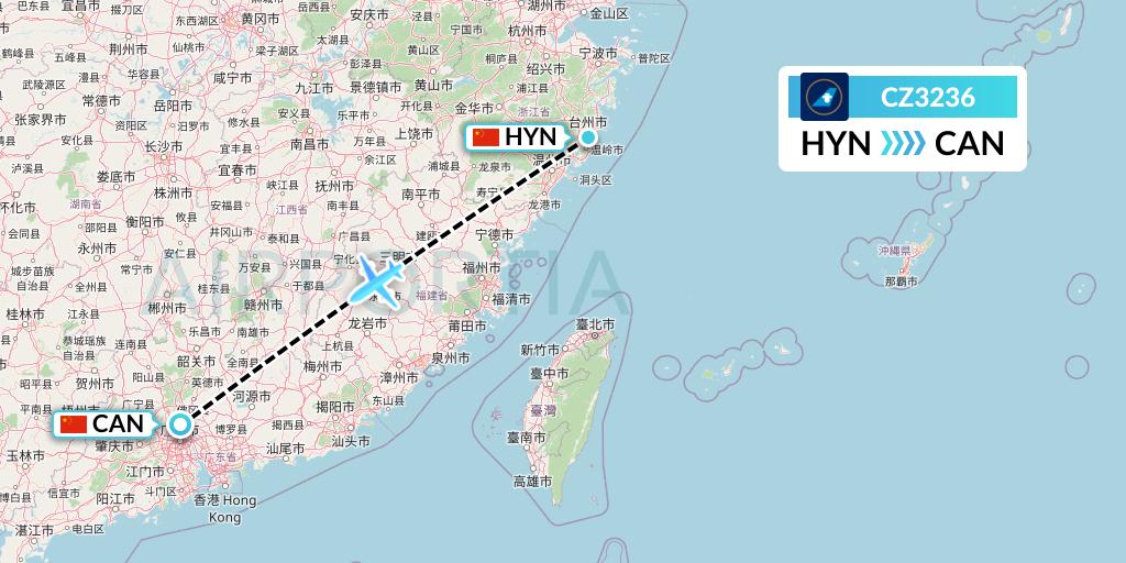 CZ3236 China Southern Airlines Flight Map: Huangyan to Guangzhou