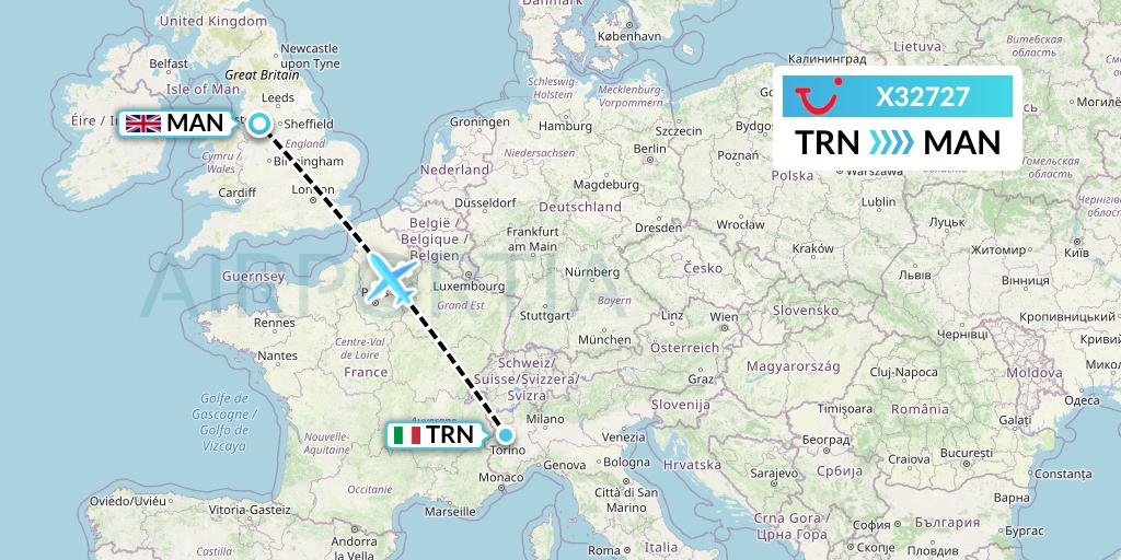 X32727 TUI fly Germany Flight Map: Turin to Manchester