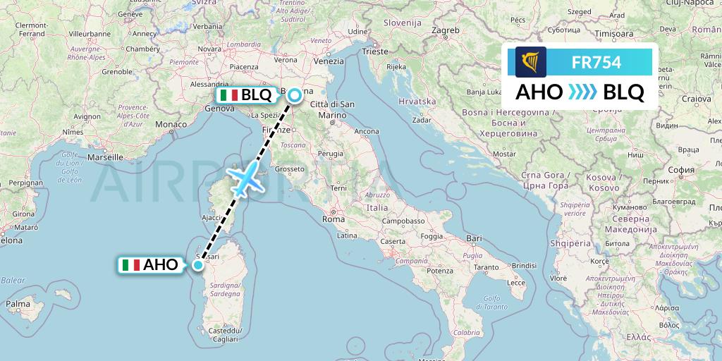 FR754 Ryanair Flight Map: Alghero to Bologna