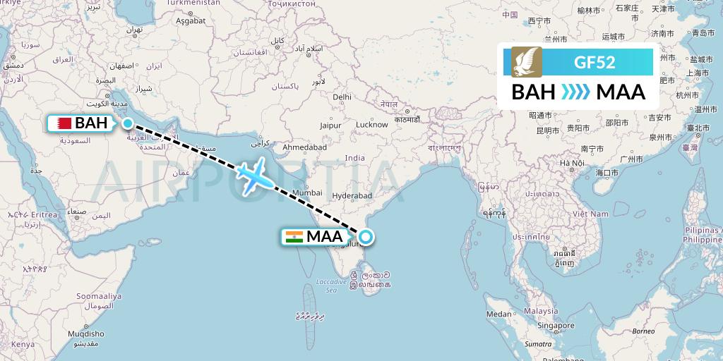 GF52 Gulf Air Flight Map: Bahrain to Chennai