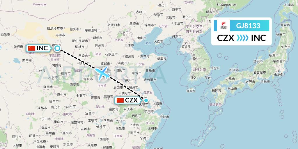 GJ8133 Loong Airlines Flight Map: Changzhou to Yinchuan