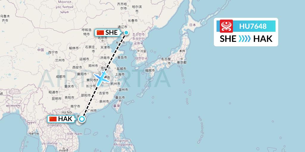 HU7648 Hainan Airlines Flight Map: Shenyang to Haikou