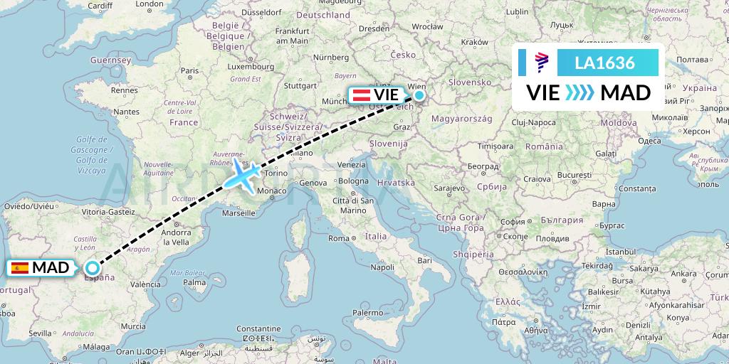 LA1636 LAN Airlines Flight Map: Vienna to Madrid