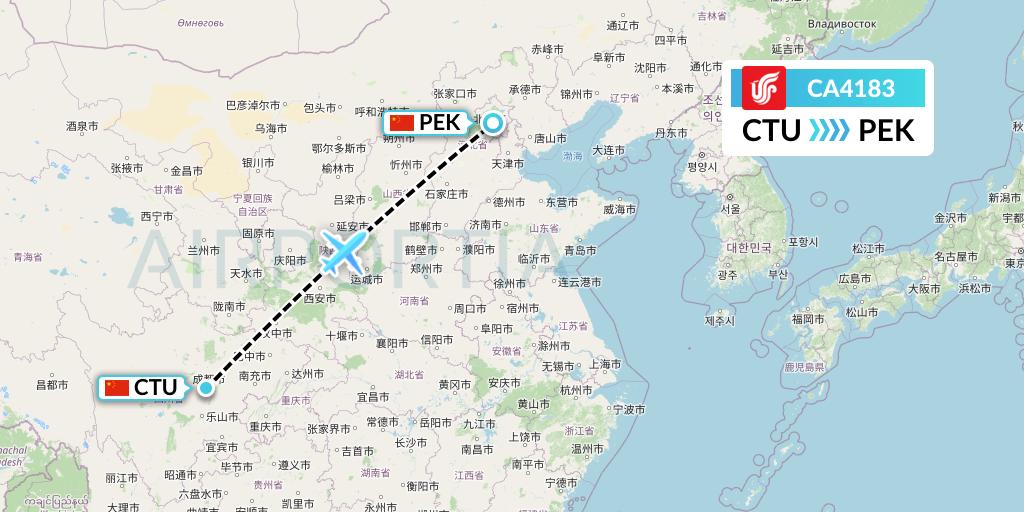 CA4183 Air China Flight Map: Chengdu to Beijing