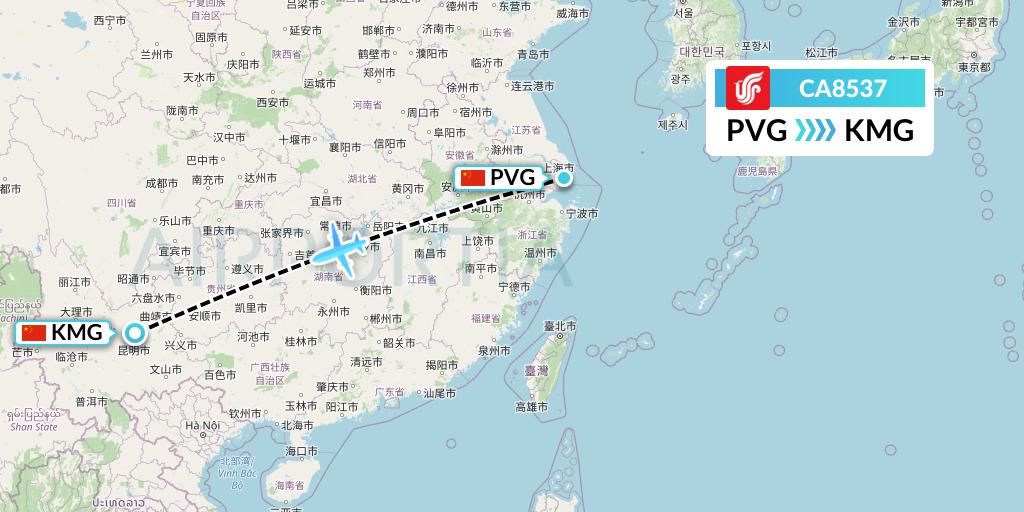 CA8537 Air China Flight Map: Shanghai to Kunming