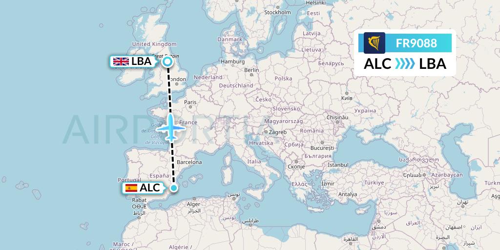 FR9088 Ryanair Flight Map: Alicante to Leeds