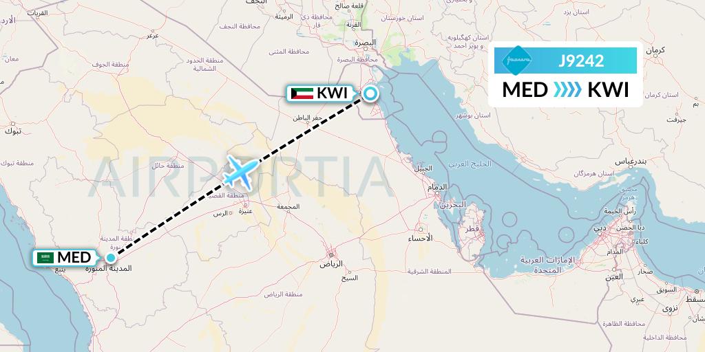 J9242 Jazeera Airways Flight Map: Medina to Kuwait City