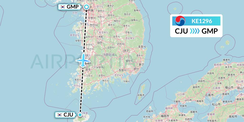 KE1296 Korean Air Flight Map: Jeju to Seoul