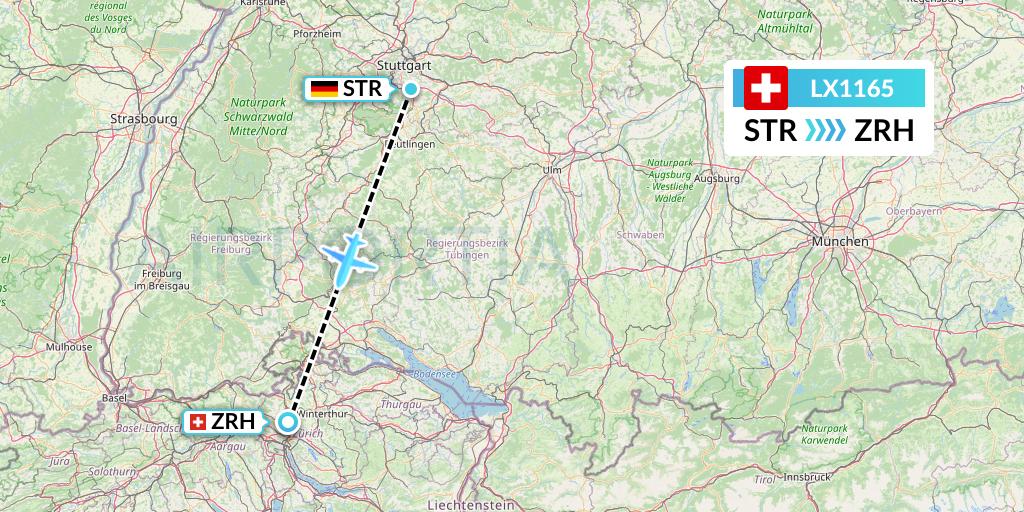 LX1165 Swiss Flight Map: Stuttgart to Zurich