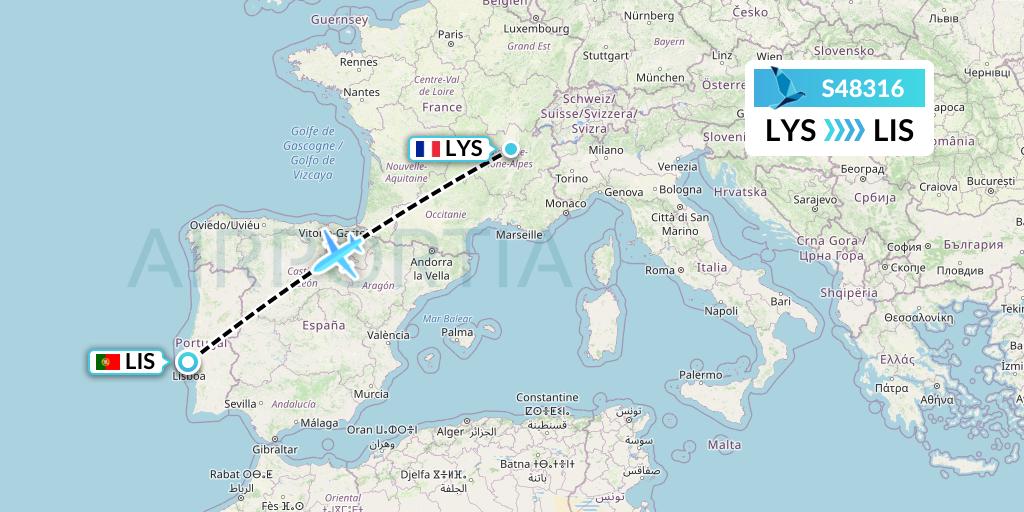 S48316 Azores Airlines Flight Map: Lyon to Lisbon