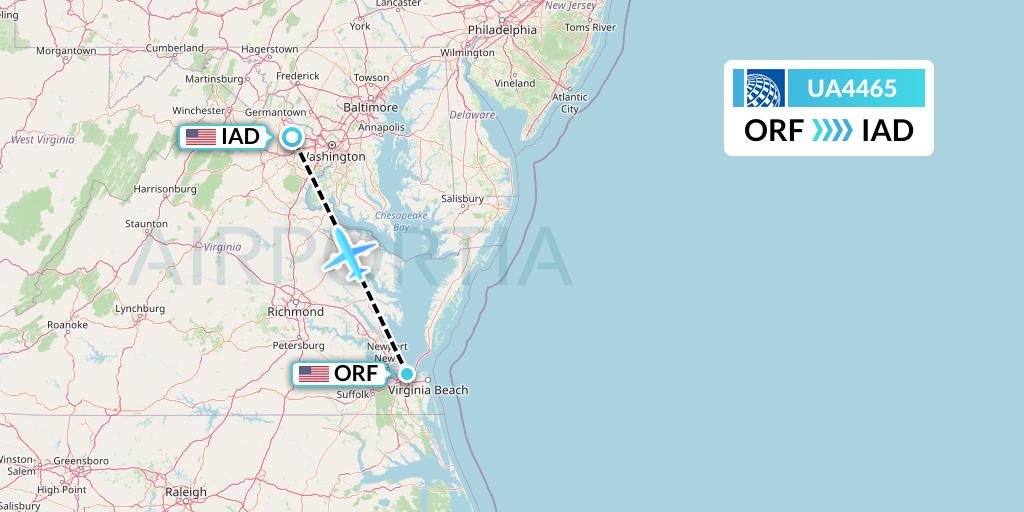 UA4465 United Airlines Flight Map: Norfolk to Washington