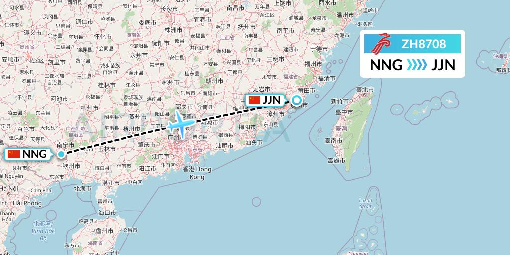 ZH8708 Shenzhen Airlines Flight Map: Nanning to Jinjiang