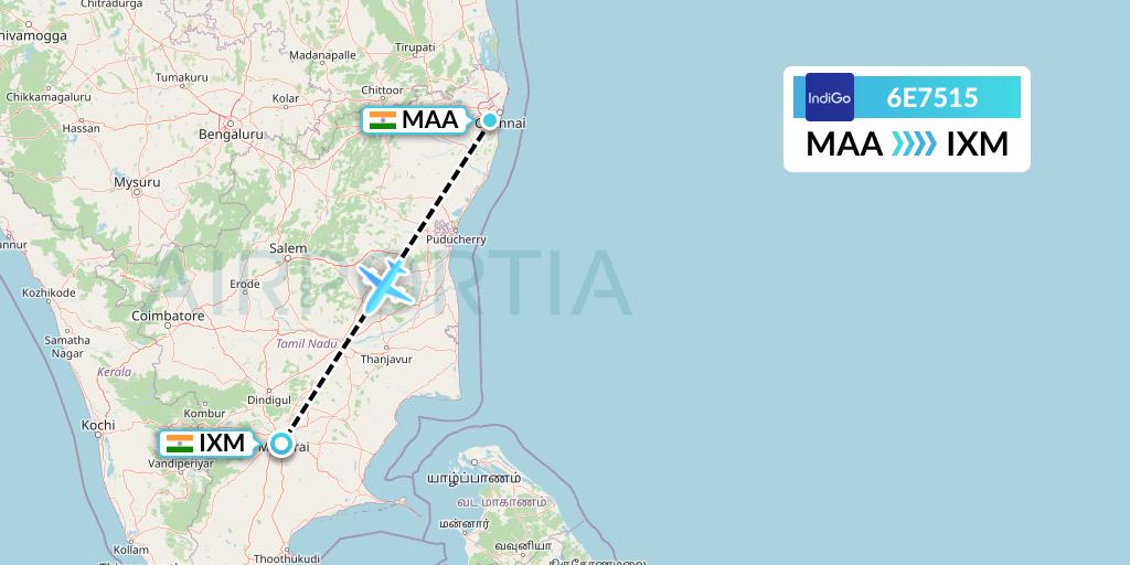 6E7515 IndiGo Airlines Flight Map: Chennai to Madurai