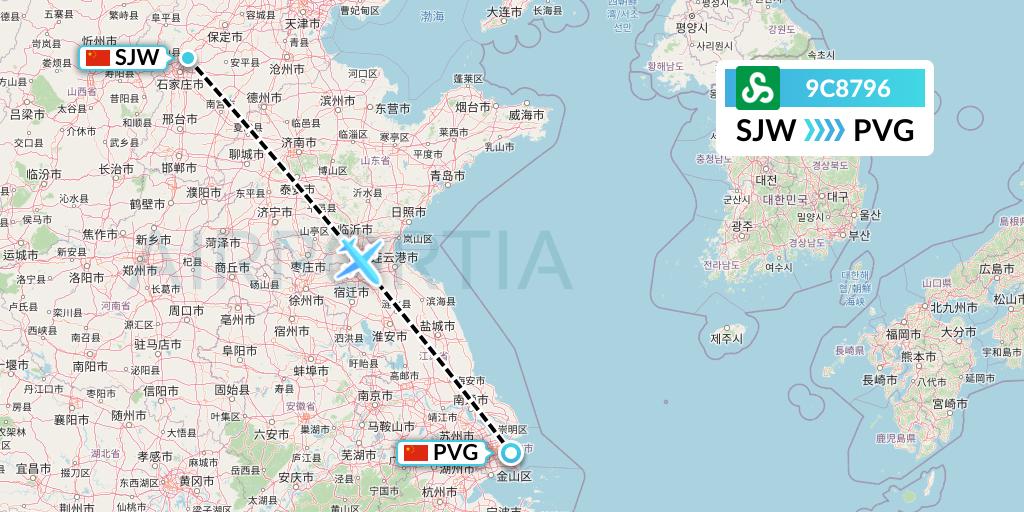 9C8796 Spring Airlines Flight Map: Shijiazhuang to Shanghai
