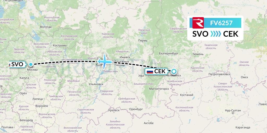 FV6257 Rossiya Flight Map: Moscow to Chelyabinsk