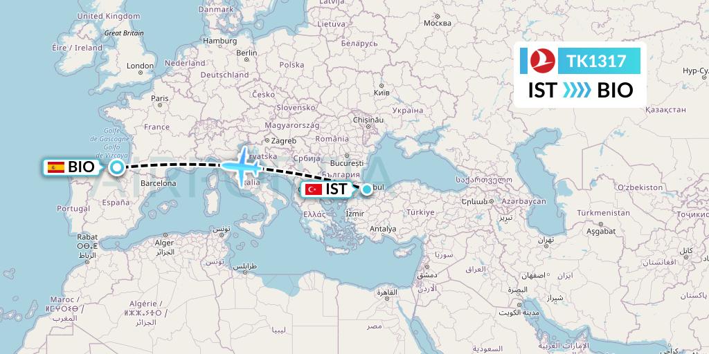 TK1317 Turkish Airlines Flight Map: Istanbul to Bilbao