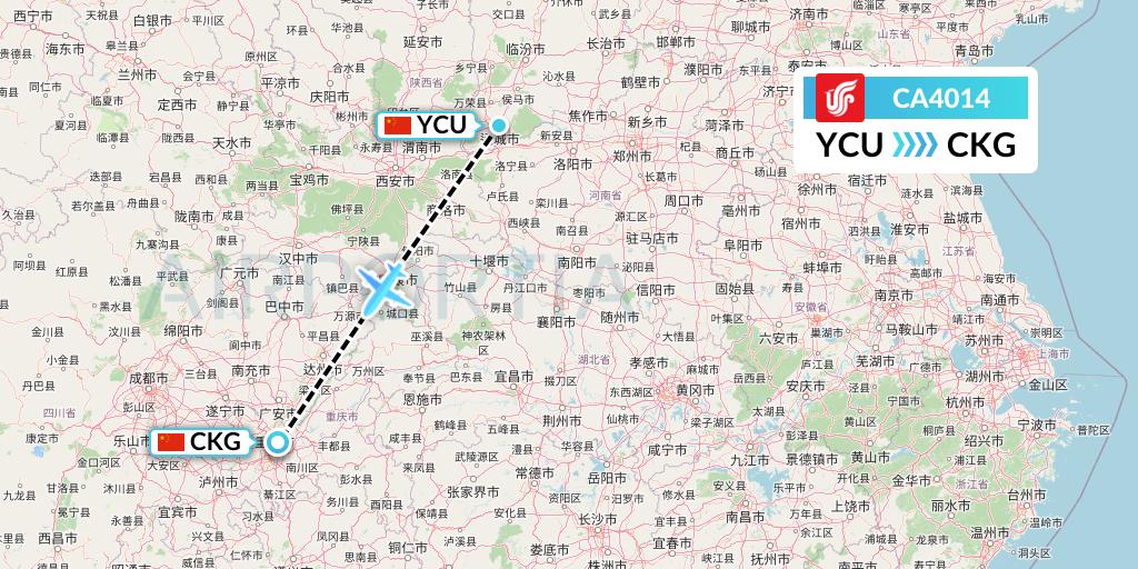 CA4014 Air China Flight Map: Yuncheng to Chongqing