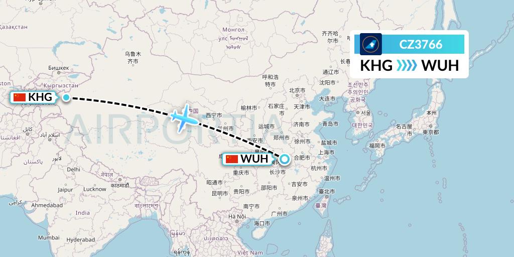 CZ3766 China Southern Airlines Flight Map: Kashgar to Wuhan