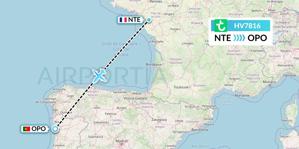 HV7816 Transavia Flight Map: Nantes to Porto