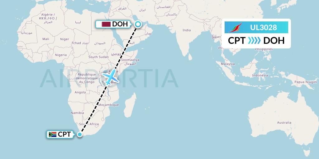 UL3028 SriLankan Airlines Flight Map: Cape Town to Doha