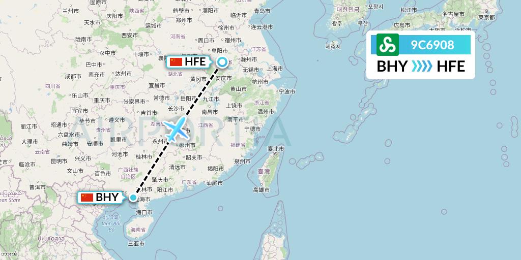 9C6908 Spring Airlines Flight Map: Beihai to Hefei
