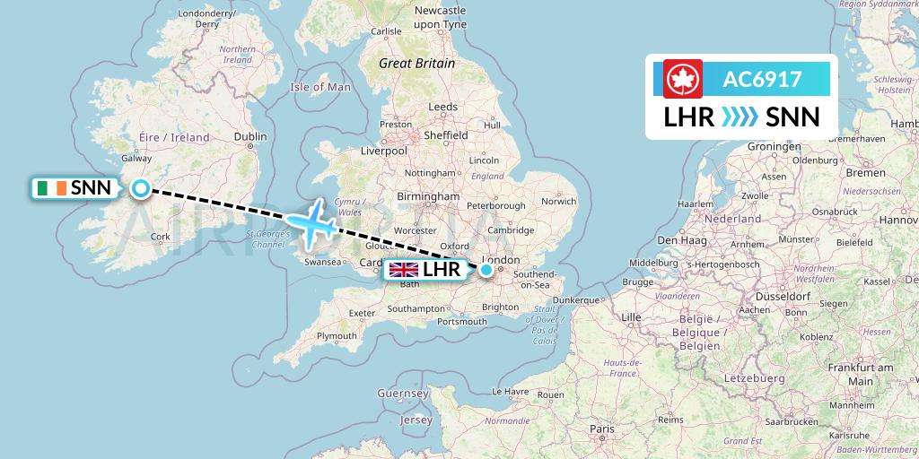 AC6917 Air Canada Flight Map: London to Shannon
