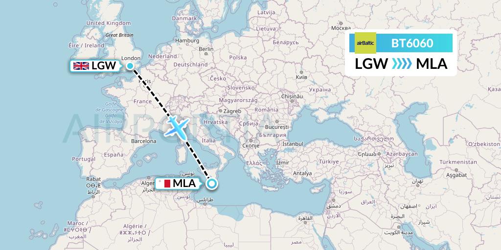 BT6060 Air Baltic Flight Map: London to Malta