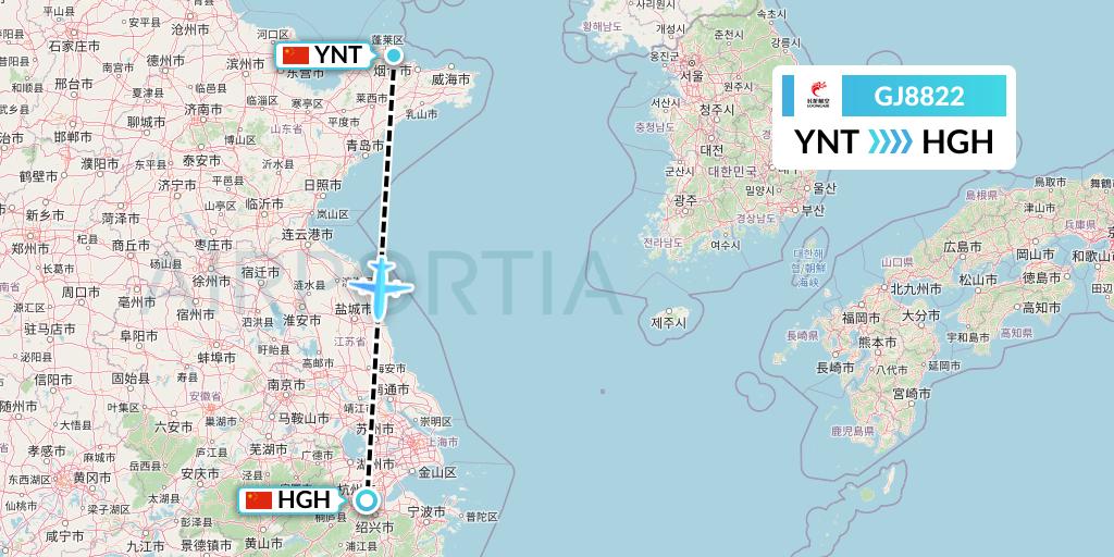 GJ8822 Loong Airlines Flight Map: Yantai to Hangzhou