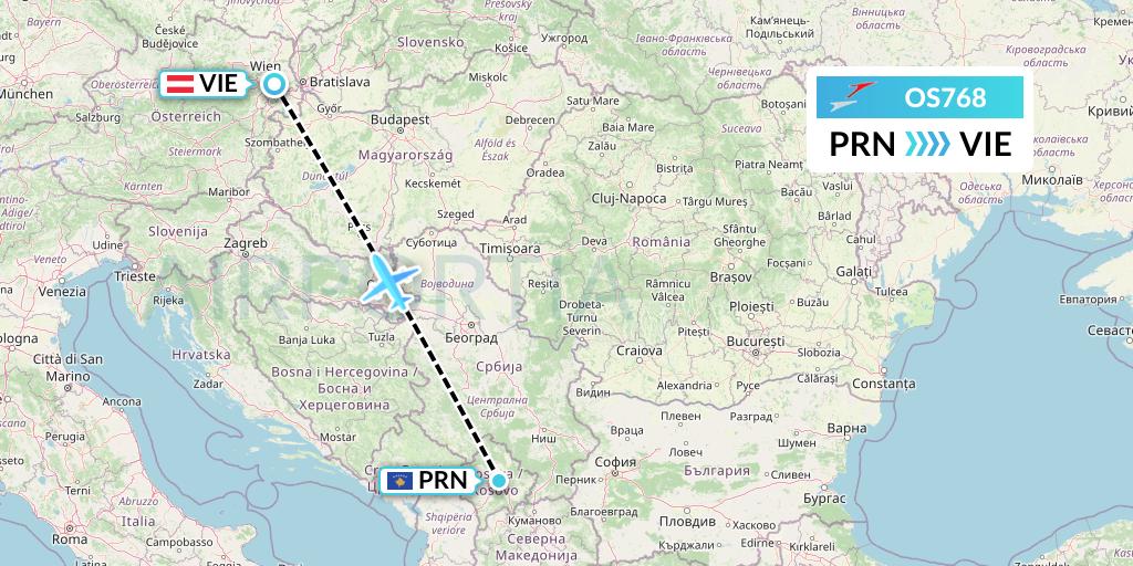 OS768 Austrian Airlines Flight Map: Pristina to Vienna