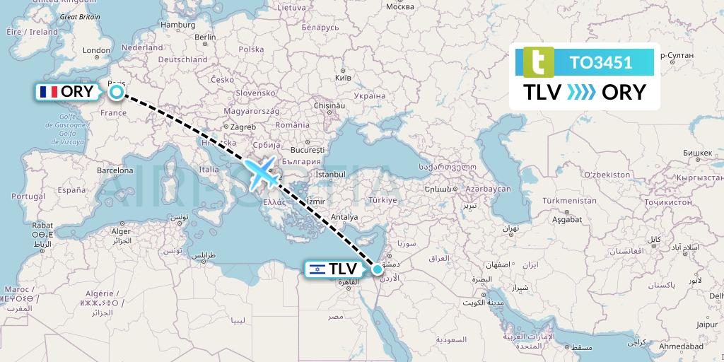 TO3451 Transavia France Flight Map: Tel Aviv to Paris