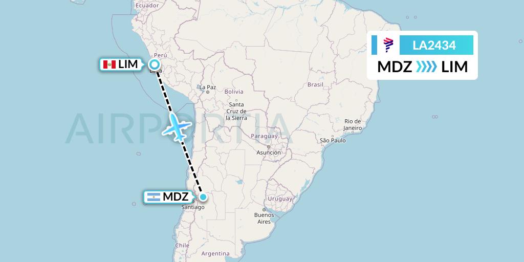 LA2434 LAN Airlines Flight Map: Mendoza to Lima
