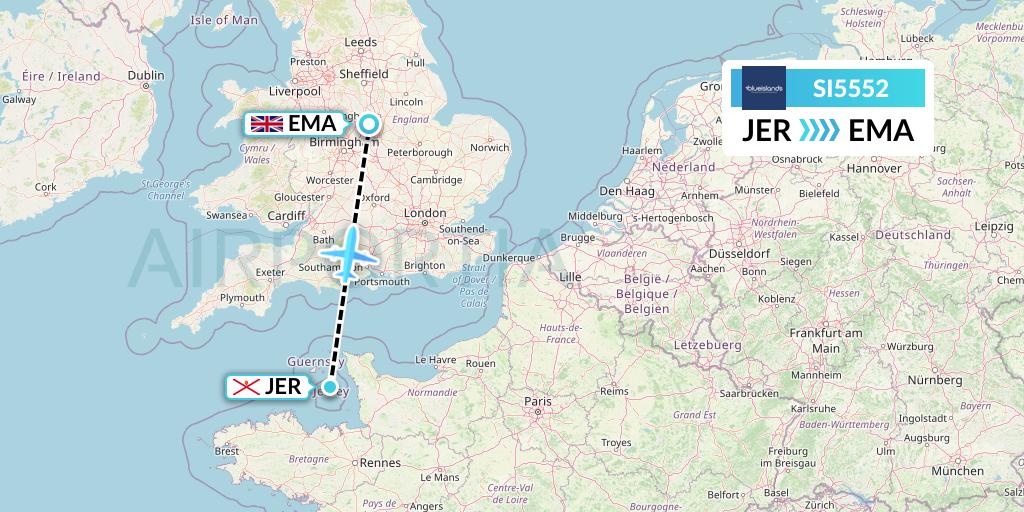 SI5552 Blue Islands Flight Map: Jersey to East Midlands