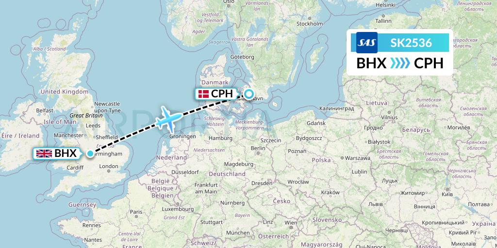 SK2536 SAS Flight Map: Birmingham to Copenhagen