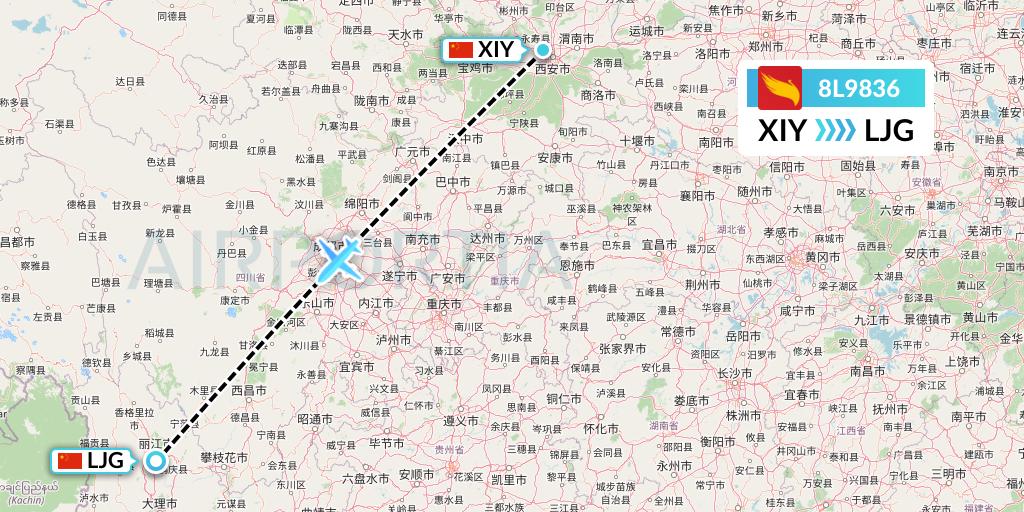 8L9836 Lucky Air Flight Map: Xi'an to Lijiang