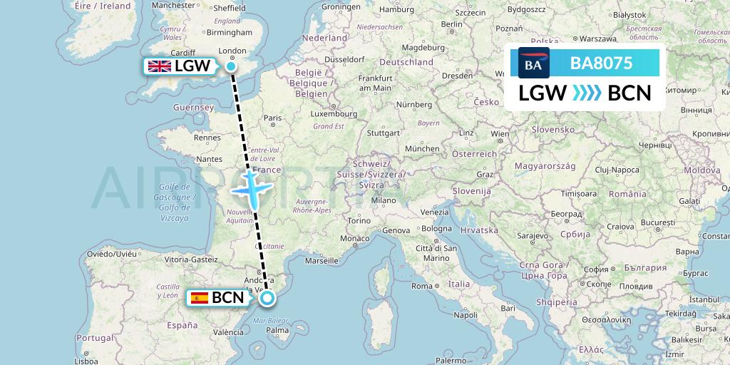 BA8075 British Airways Flight Map: London to Barcelona