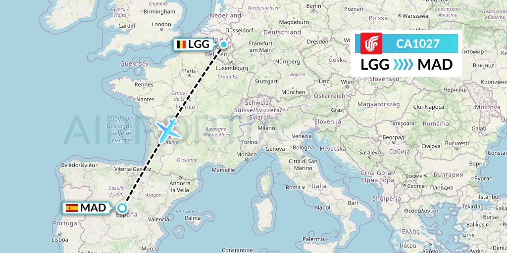 CA1027 Air China Flight Map: Liege to Madrid