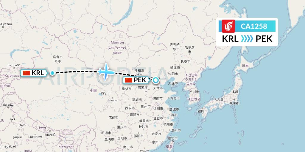 CA1258 Air China Flight Map: Korla to Beijing