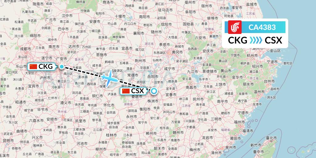 CA4383 Air China Flight Map: Chongqing to Changsha
